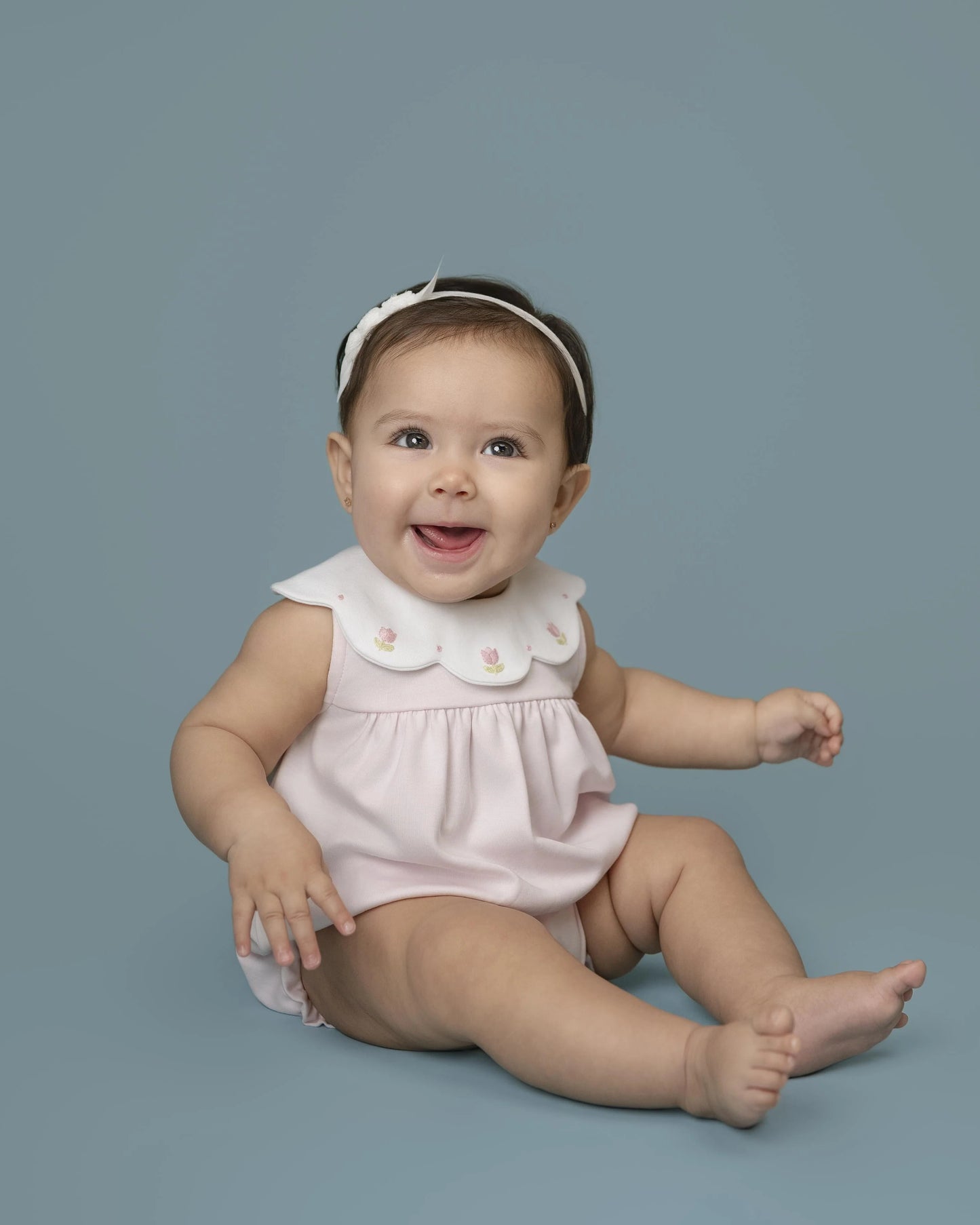Baby Club Chic Embroidered Tulips Pink Bubble with Scalloped Collar