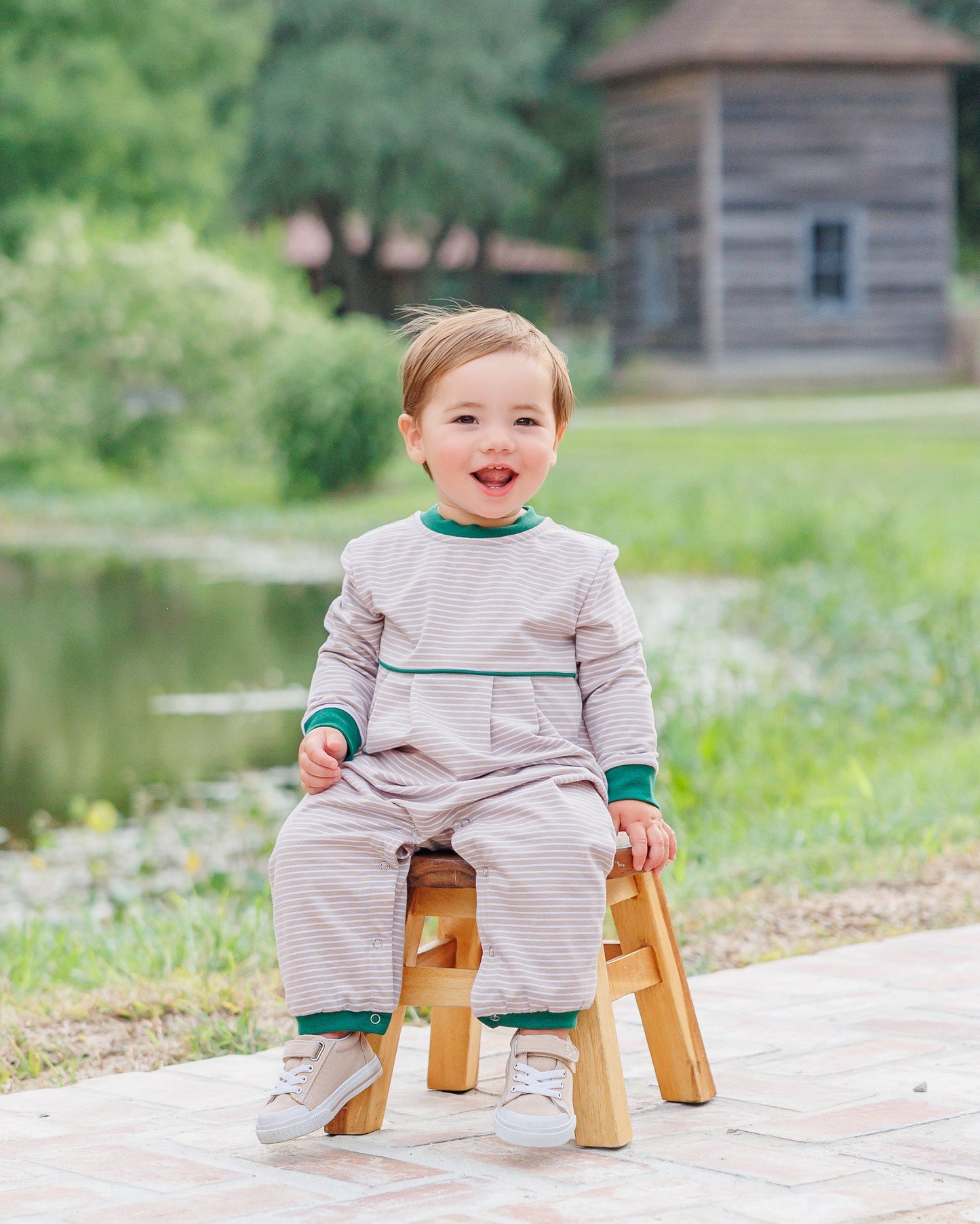 Jellybean by Smock Candy Patrick Romper-Tan Stripe/Hunter Green