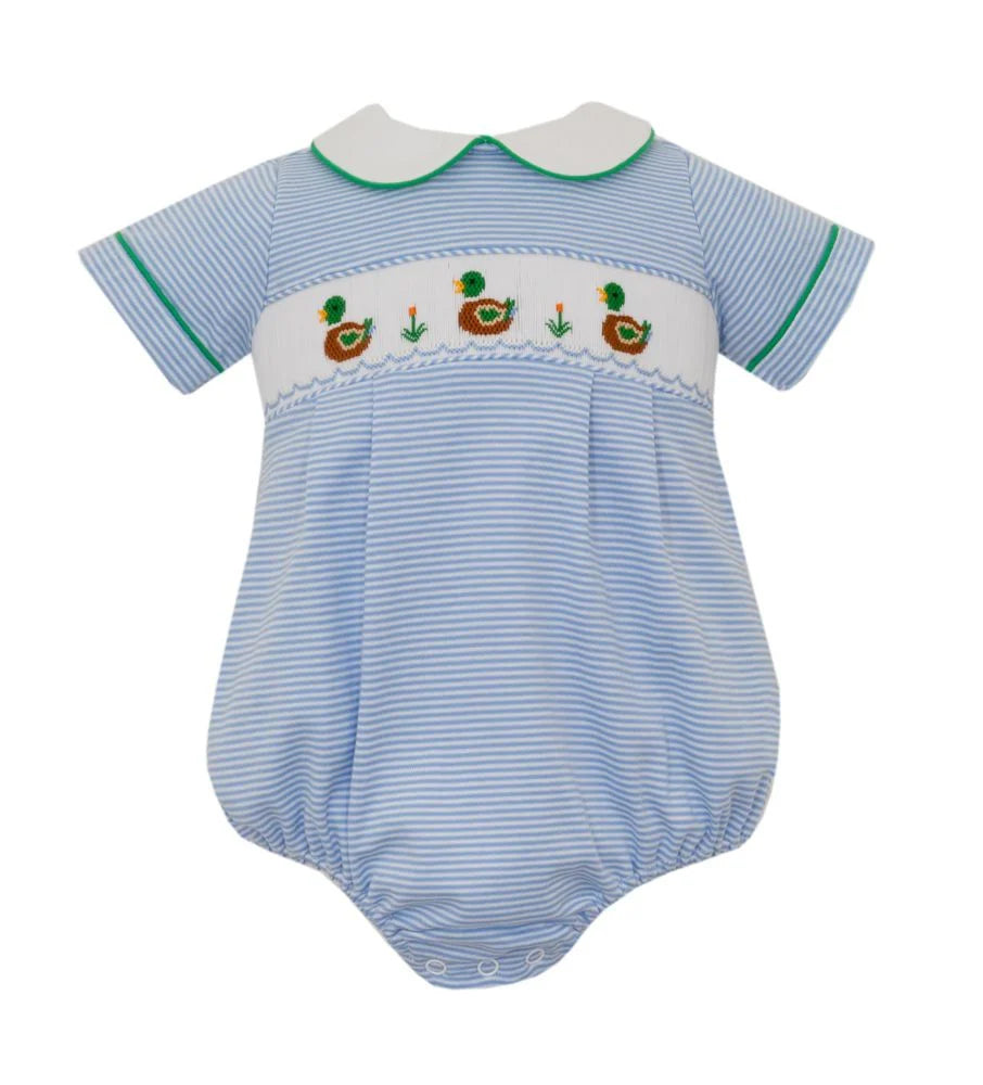 Petit Bebe Knits Baby Boys Blue Stripe Bubble - Smocked Mallard Ducks