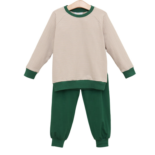 Jellybean by Smock Candy Connor Jogger Set - Tan Stripe/Hunter Green