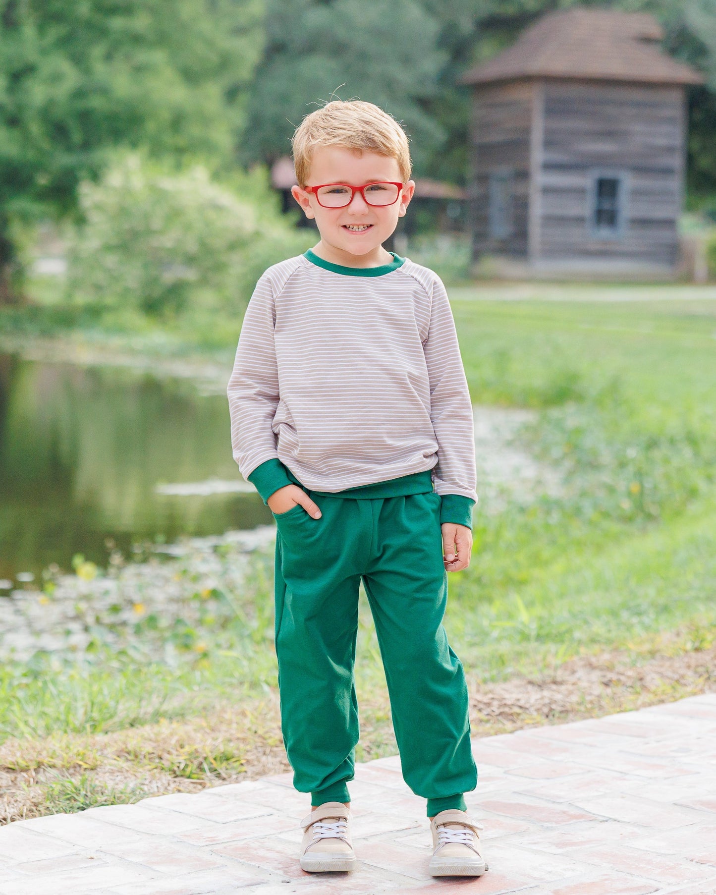 Jellybean by Smock Candy Connor Jogger Set - Tan Stripe/Hunter Green