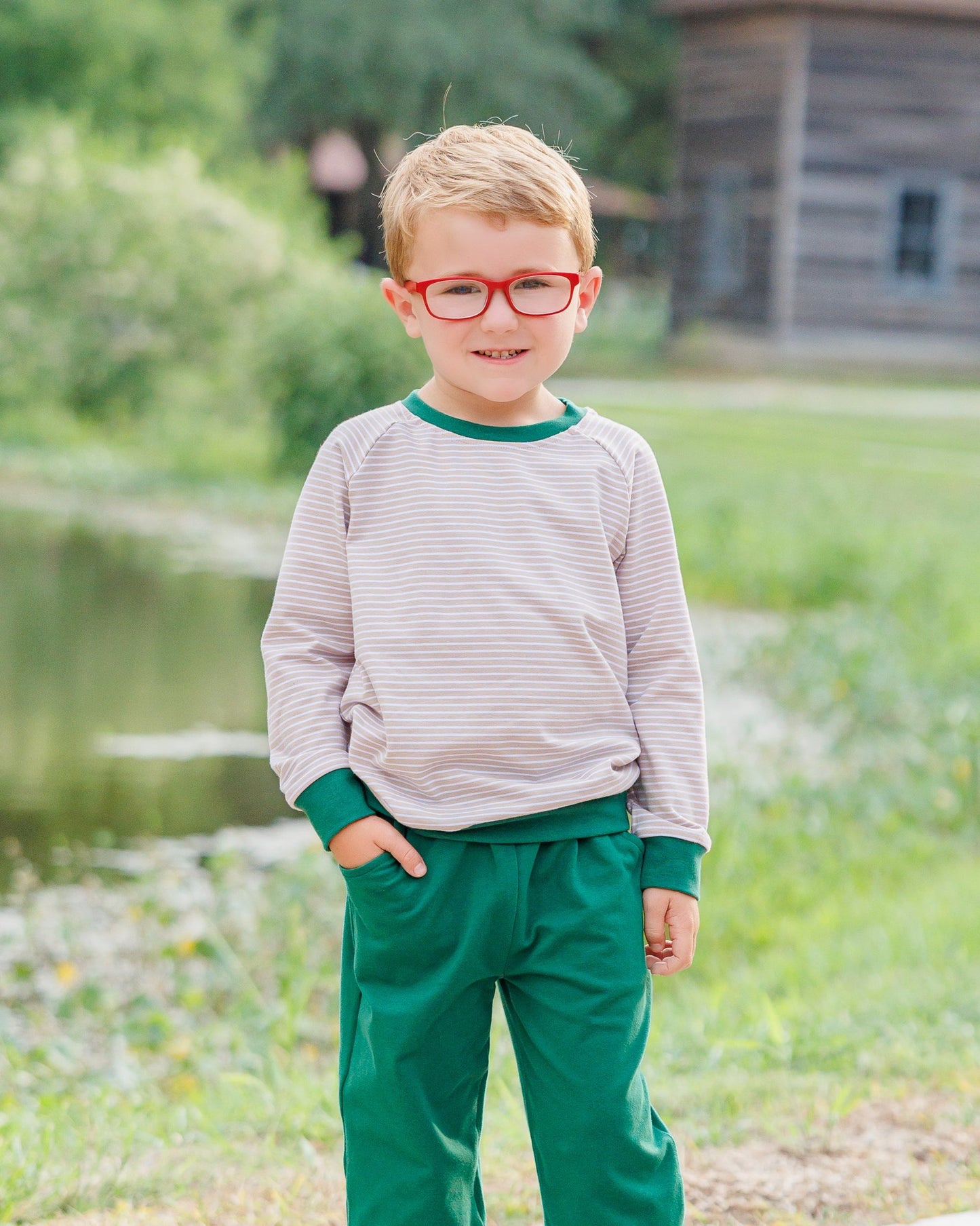 Jellybean by Smock Candy Connor Jogger Set - Tan Stripe/Hunter Green