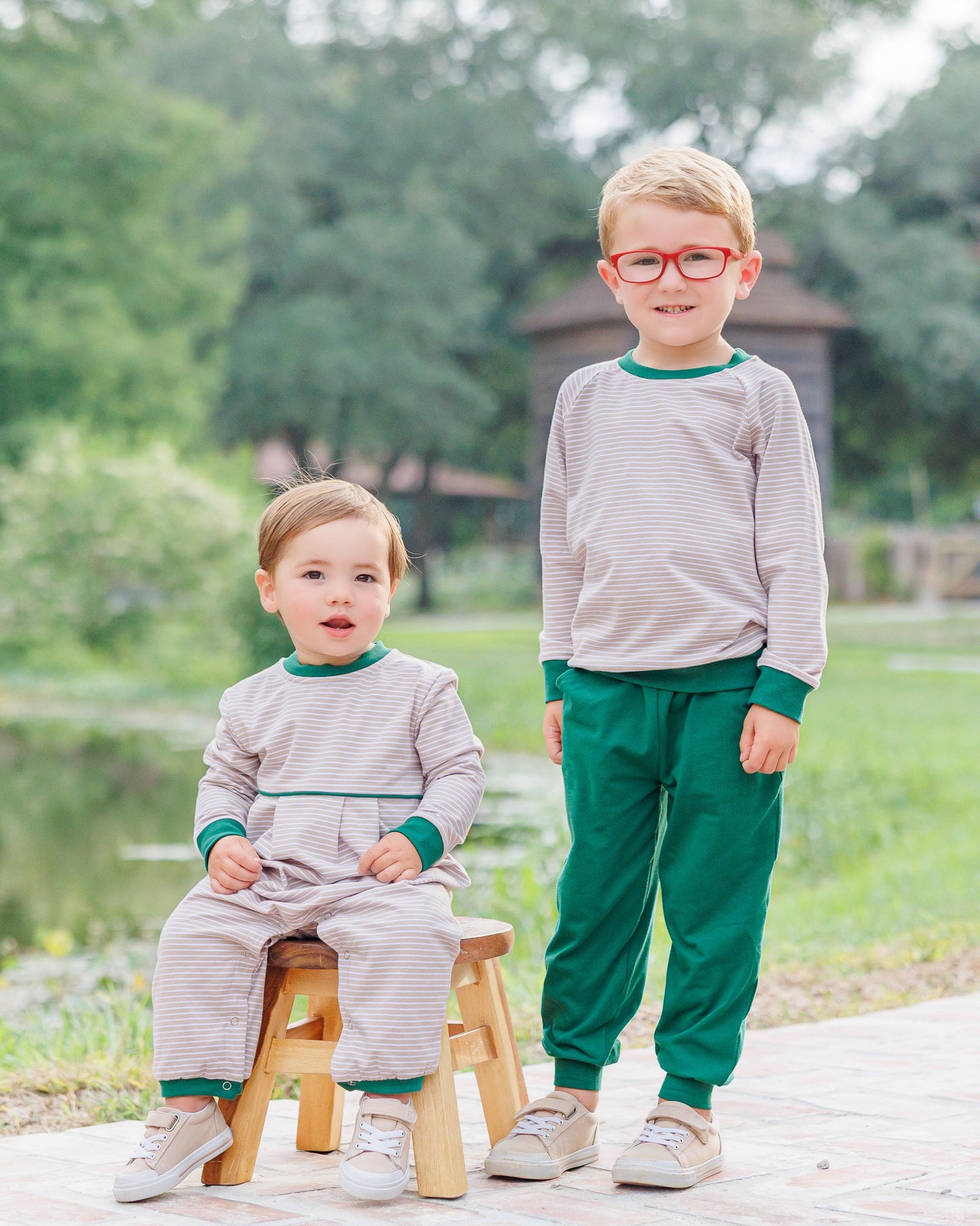 Jellybean by Smock Candy Connor Jogger Set - Tan Stripe/Hunter Green