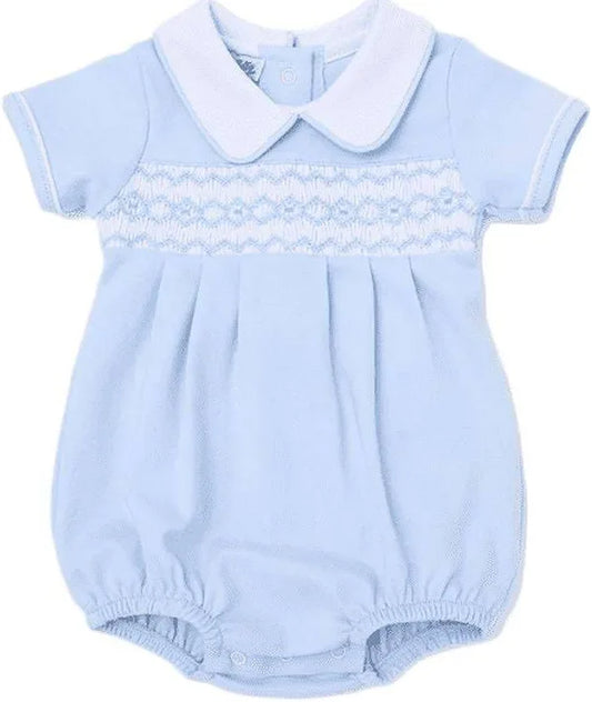 Magnolia Baby Hazel and Hudson Light Blue Smocked Collared Bubble