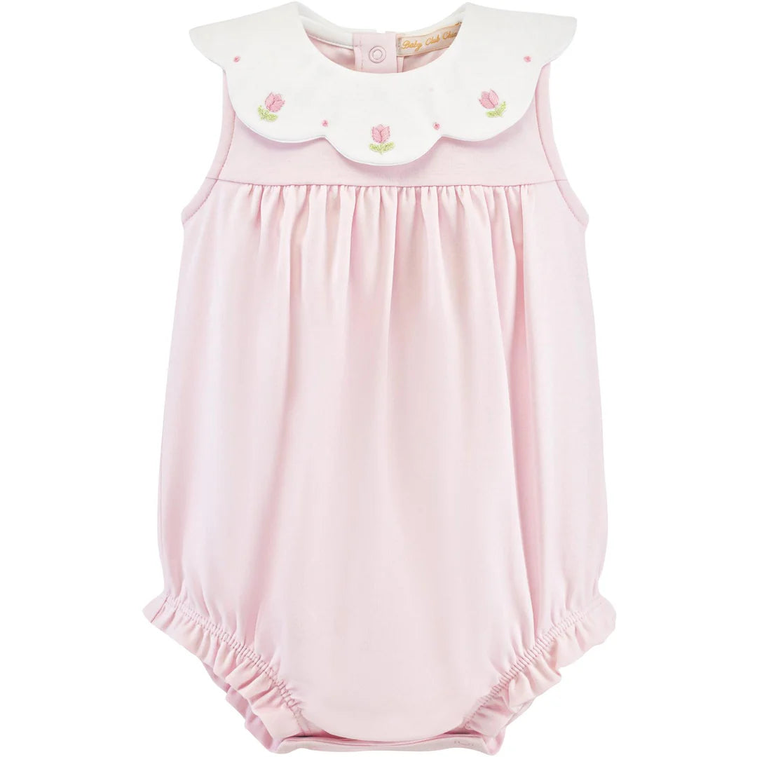 Baby Club Chic Embroidered Tulips Pink Bubble with Scalloped Collar