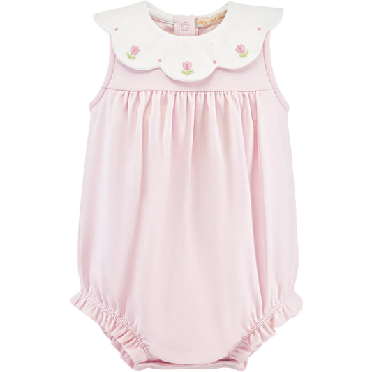 Baby Club Chic Embroidered Tulips Pink Bubble with Scalloped Collar