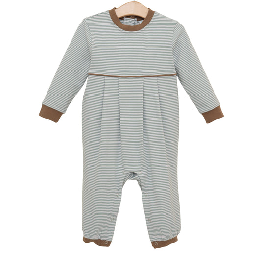 Jellybean by Smock Candy Patrick Romper - Dusty Sage Stripe/Light Brown