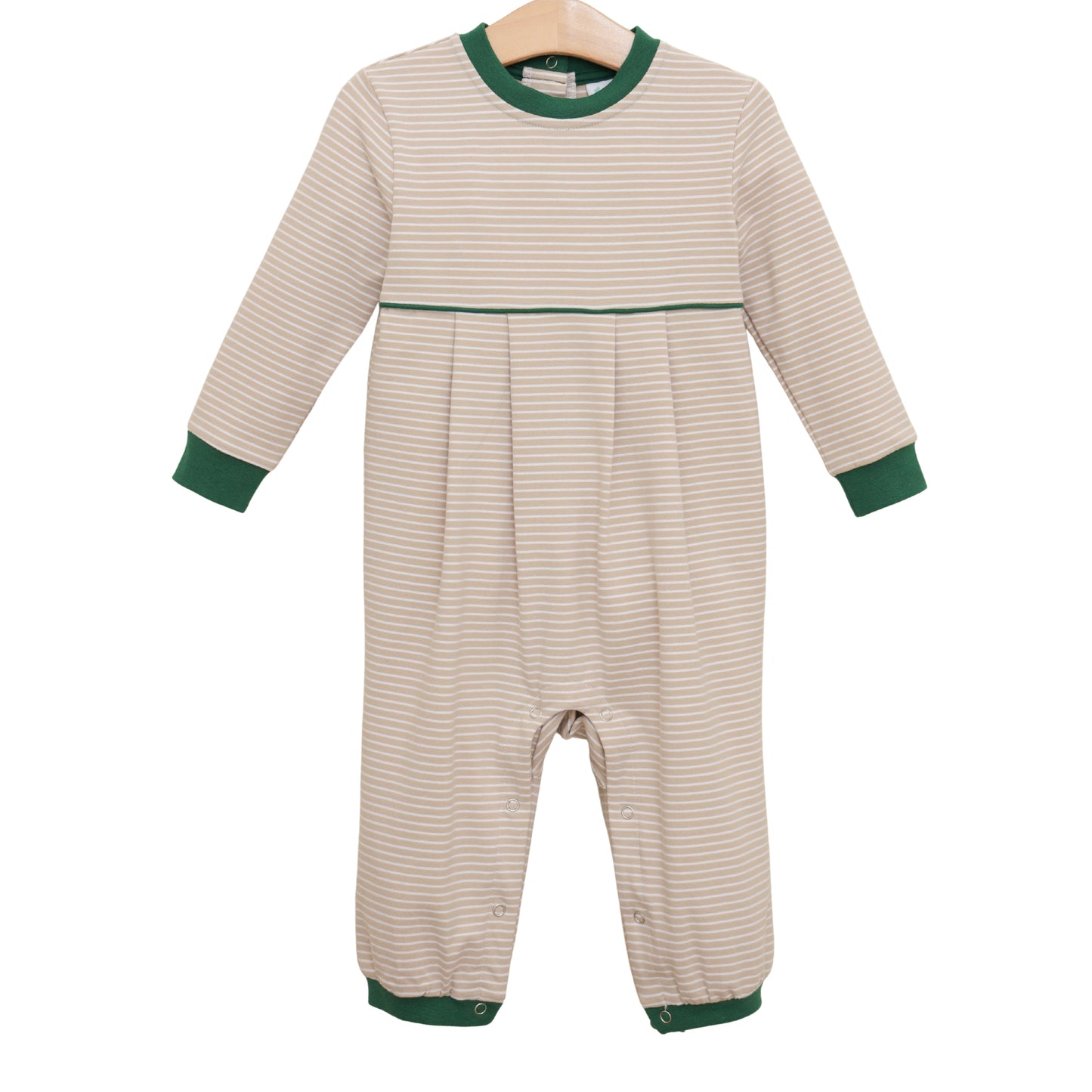 Jellybean by Smock Candy Patrick Romper-Tan Stripe/Hunter Green