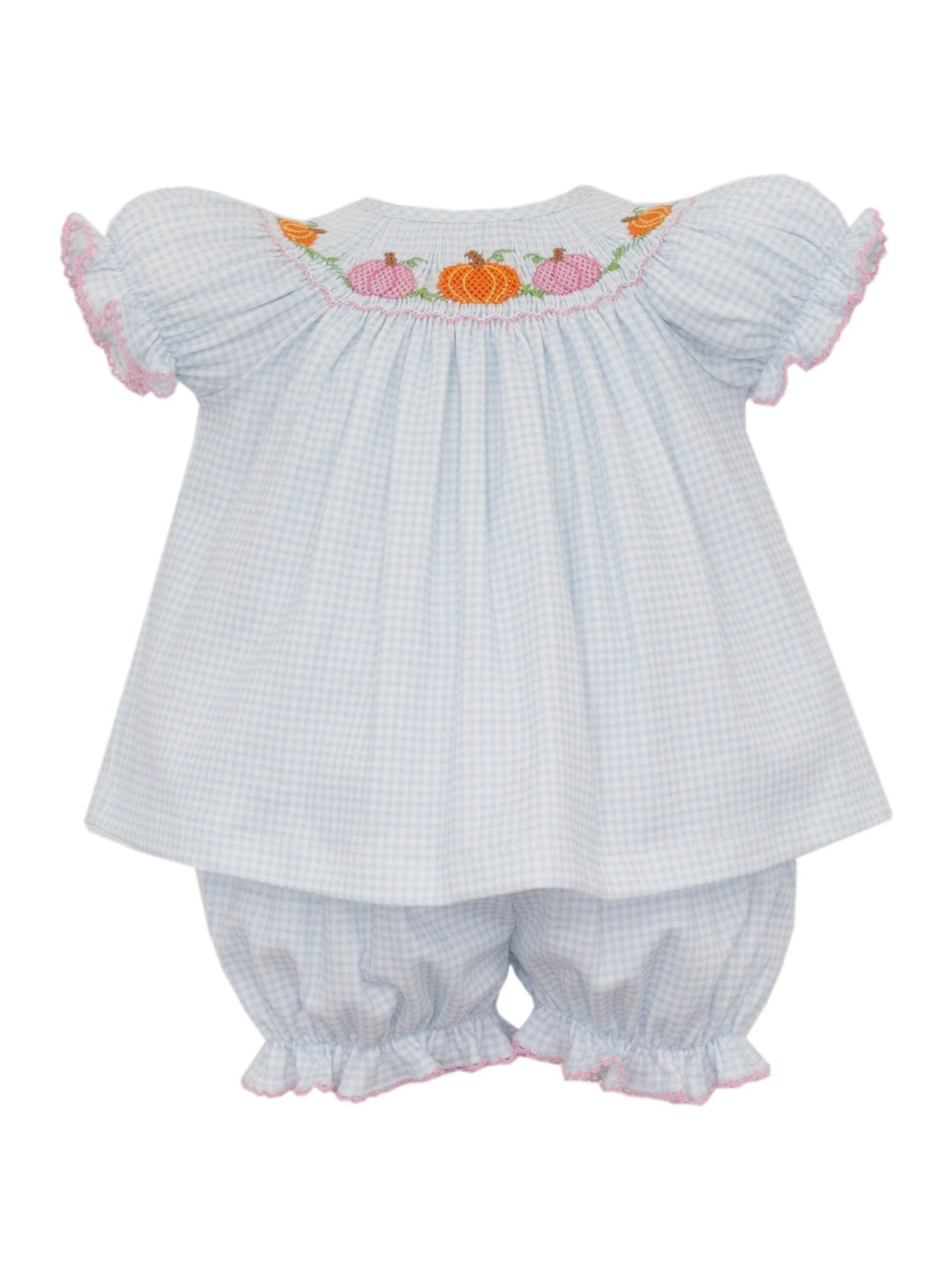 Petit Bebe Pumpkin Girl's Blue Gingham Knit Bishop Bloomer Set