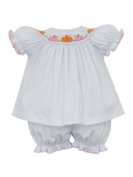 Petit Bebe Pumpkin Girl's Blue Gingham Knit Bishop Bloomer Set